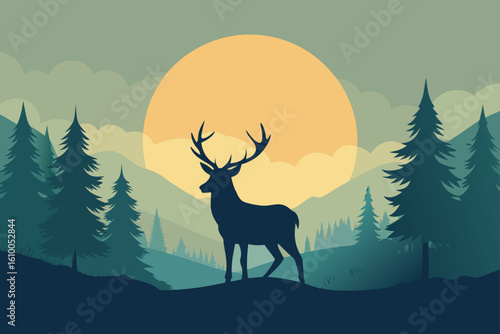 Majestic stag silhouette against a setting sun in a forest landscape
