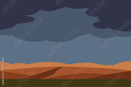 Stylized landscape with rolling hills under a stormy sky