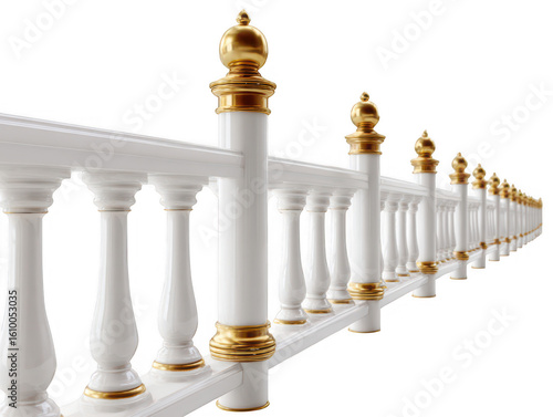 White balustrade with gold accents isolated on a transparent background railing ornate