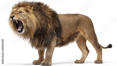Roaring Lion with Full Mane Standing on White Background