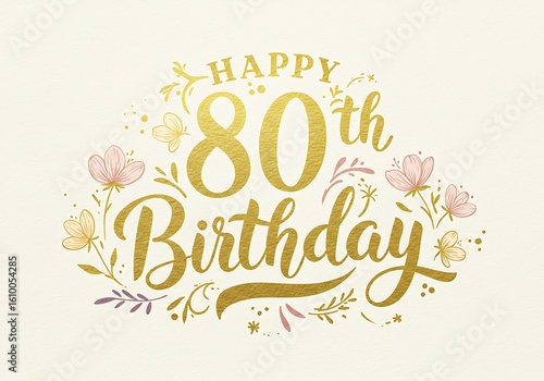 Golden Happy 80th Birthday Card With Flowers