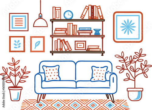 Cozy living room scene with blue couch and potted plants sofa bookshelf