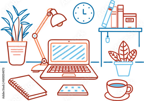 Desk setup with laptop plants books and coffee cup in simple line art style workspace office
