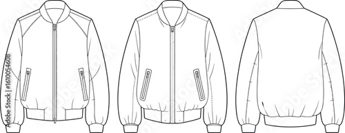 Bomber jacket CAD drawing, vector fashion illustration, front and back view, zipper detail, technical garment sketch, apparel template design