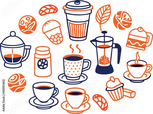 Hand Drawn Coffee Shop Drinks and Treats Collection Orange Blue cafe beverage