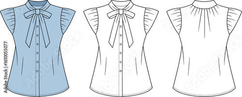 Sleeveless blouse vector illustration, fashion flat sketch, CAD clothing template, bow tie top design, stylish apparel drawing, garment mockup tool