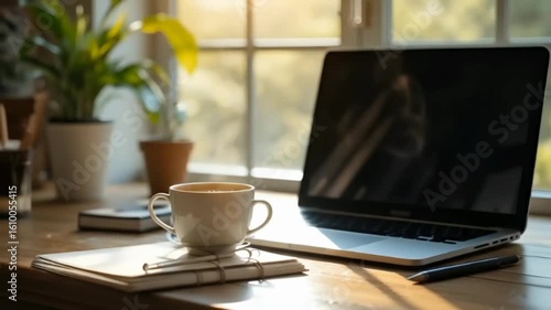 Wallpaper Mural Morning Coffee and Laptop on a Wooden Desk Torontodigital.ca