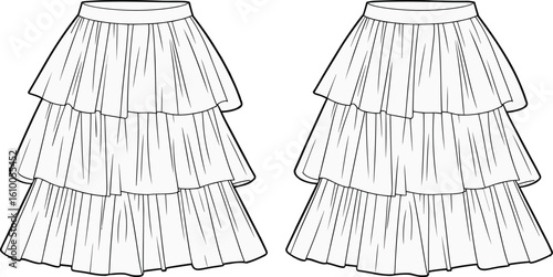 Tiered skirt CAD drawing, layered fashion vector sketch, ruffled hem detail, waistband design, front back views, garment illustration template