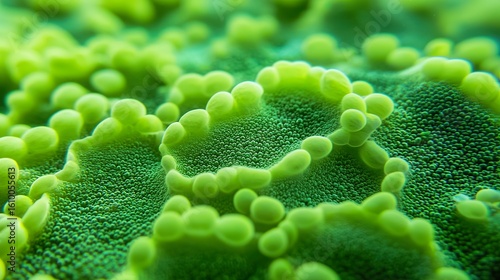 Bio-luminescent street lighting algae chamber, glowing green liquid, subtle bubbles, biological light