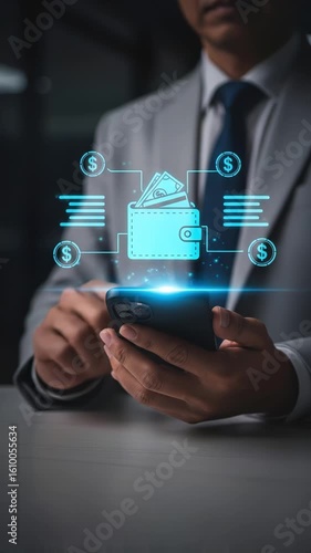 Wallpaper Mural Businessman using smartphone with holographic wallet and dollar icons representing digital money transfer. Concept of mobile payment, fintech and smart financial technology
 Torontodigital.ca