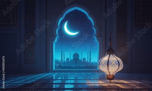 Islamic Lantern with Crescent Moon and Mosque