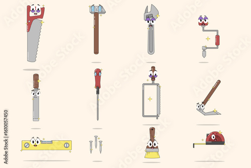 cute carpentry tools icon set appliance Mascots with Cartoon Faces – Vector Set