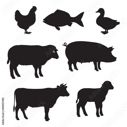 Assorted Farm Animal Silhouettes Vector Design Illustration