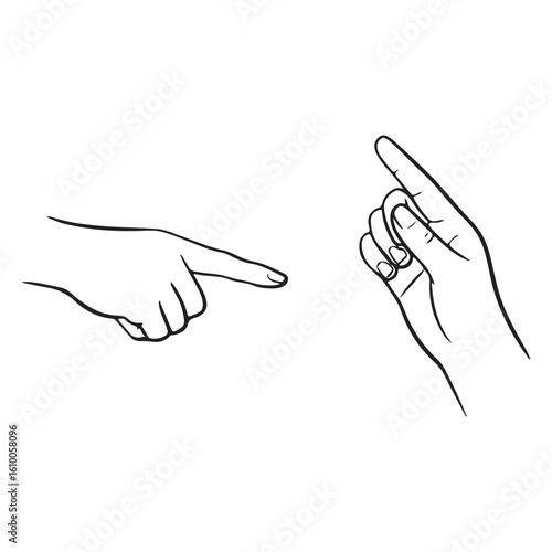 Two pointing hands black and white line art finger gesture