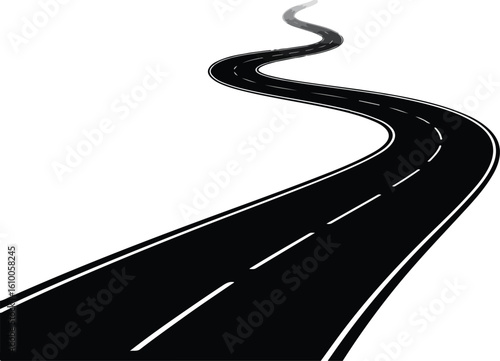 Winding asphalt road with white stripes disappearing into mist black