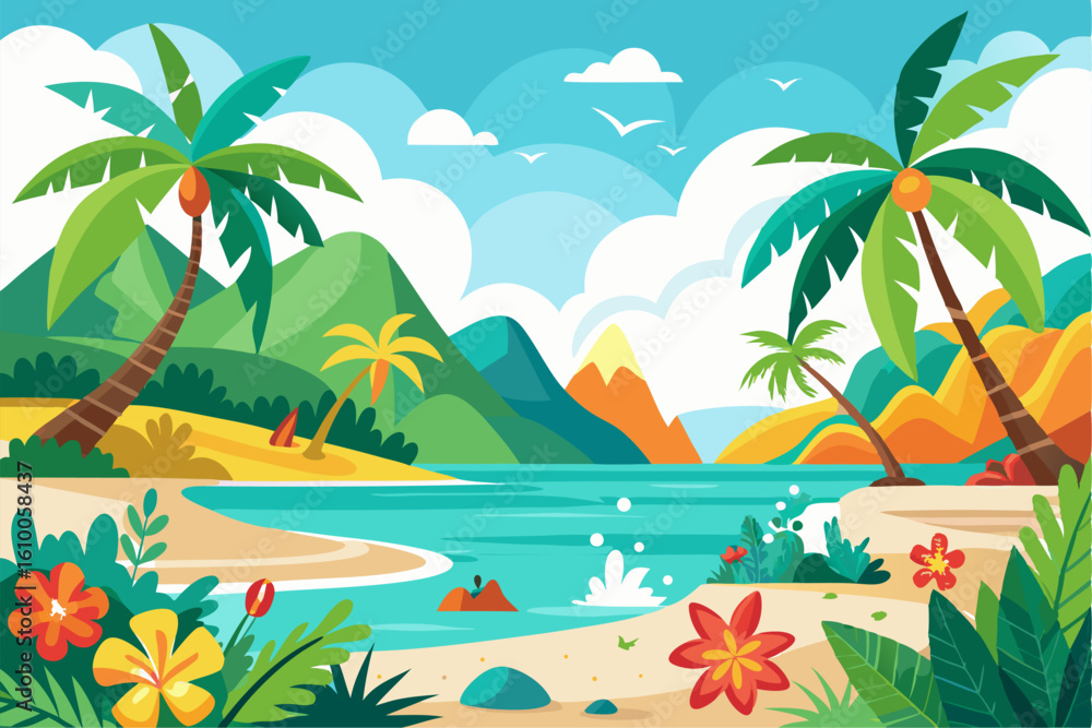 Obraz premium This scenic coastal landscape features a tranquil shoreline surrounded by greenery and distant mountains, perfect for vacation, travel, and summer-themed designs. Ideal for web, print, or social media