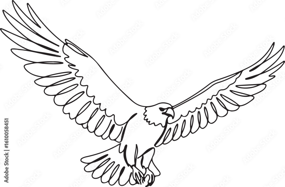 Obraz premium Continuous line illustration of a soaring eagle with wings spread wide, minimal and elegant