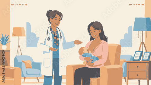 Doctor Consulting Mother Breastfeeding Newborn Baby.
