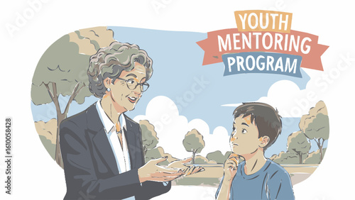 Elderly female mentor giving advice to a thoughtful young boy in a park for a youth mentoring program.