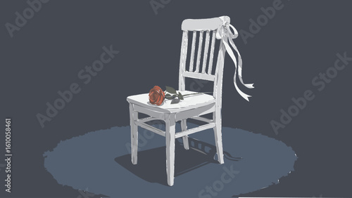 Empty white chair with a single red rose and a white ribbon tied to the backrest.