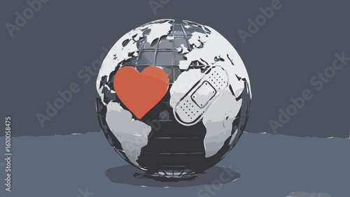 A stylized globe with a heart and a bandage, symbolizing global care and healing.