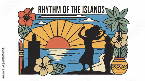 Vibrant Island Scene with Dancing Figures and Tropical Flora.