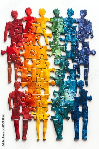 Diverse team of people formed from colorful puzzle pieces, illustrating company structure, departments working together, hiring new employees, teamwork, cooperation
