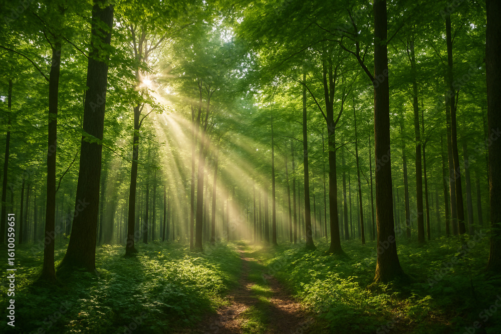 Obraz premium Sunlight filtering through the dense green forest canopy illuminating a winding path