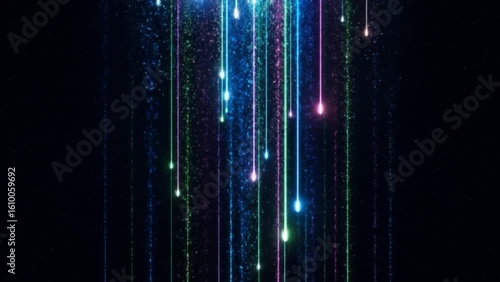 Vertical neon light trails falling in darkness, multicolored glowing lines with glittering particles, abstract futuristic motion background, bright rainbow laser streaks, high contrast night backdrop,