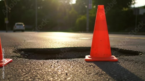 Large Pothole on an Asphalt Road Marked with an Orange Safety Cone at Sunset