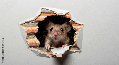 Curious Mouse Peeking Through a Damaged Wall Opening