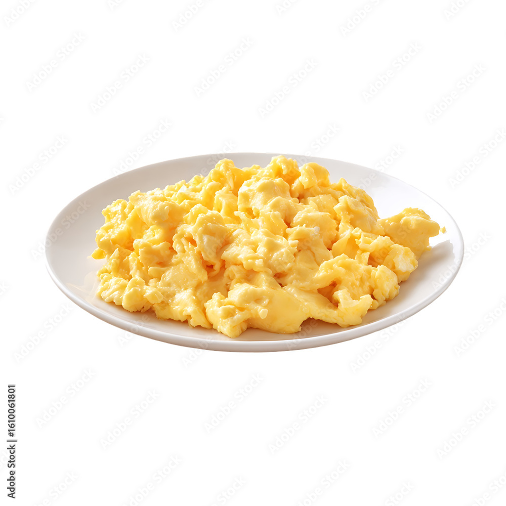 Fluffy scrambled eggs on a white plate a simple breakfast dish Fluffy scrambled eggs on a white plate a simple breakfast dish