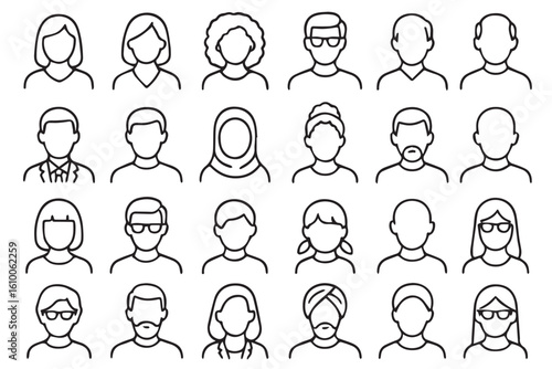 A collection of diverse black and white icon portraits, showcasing a variety of people with different hairstyles, accessories, and ethnic backgrounds