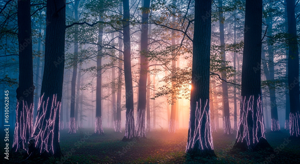 Obraz premium Mystical Forest with Illuminated Trees at Sunrise 