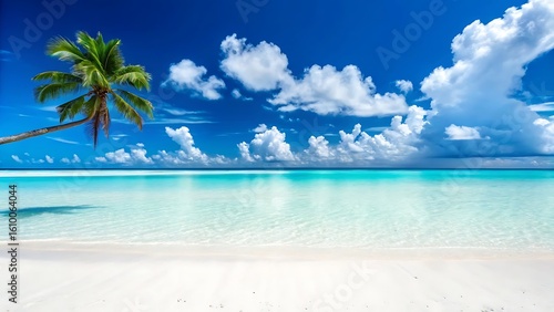 Fototapeta Naklejka Na Ścianę i Meble -  Pristine white sand beach with crystal clear turquoise water and a leaning palm tree under a bright blue sky with fluffy white clouds