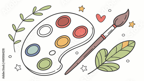 Illustration of a paint palette with various colors and a paintbrush surrounded by floral elements