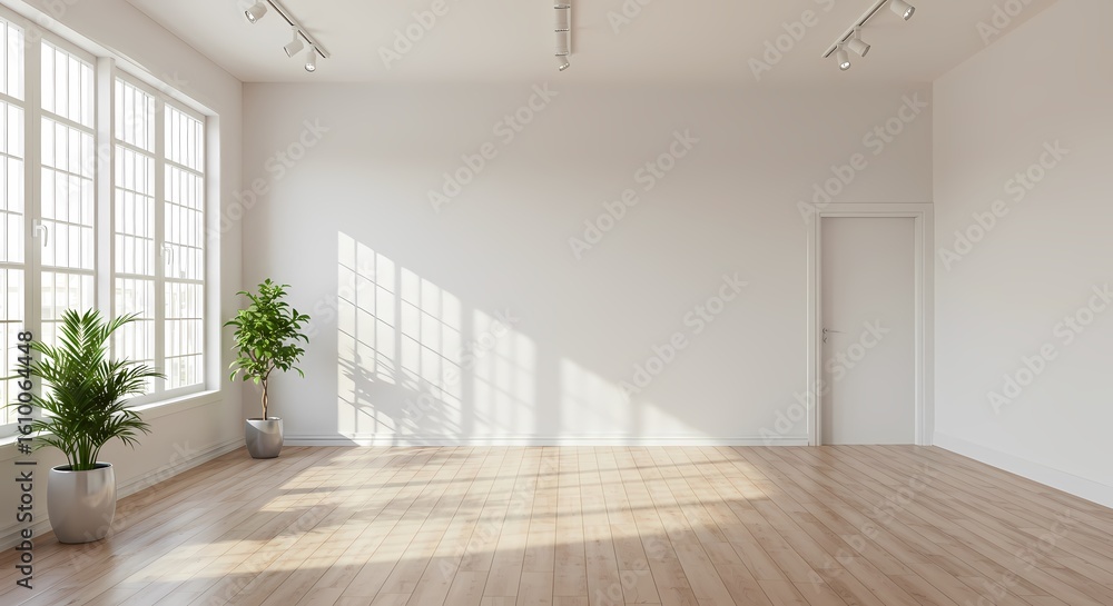 Fototapeta premium Bright Empty Hall: Sunlight Falls, White Walls and Greenery Outline an Open and Simple Space