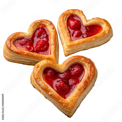 Delicious, fresh-baked heart-shaped cookies with sweet raspberry jam on a white plate