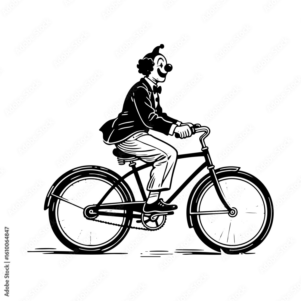 Obraz premium clown riding bicycle sketch engraving black and white outline. Scratch board imitation.