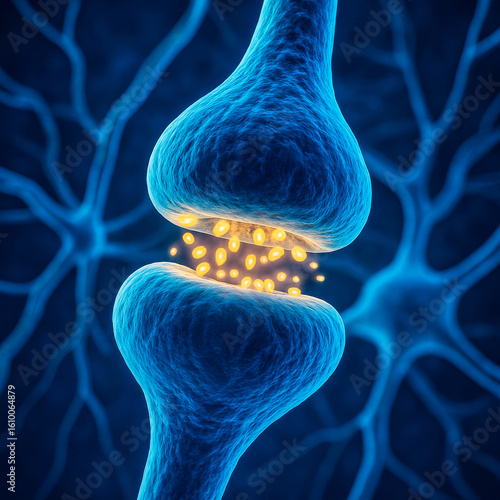  3D rendering of a neuronal synapse showing neurotransmitter release between two neurons
