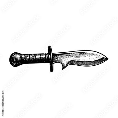 Machete knife sketch engraving black and white outline. Scratch board imitation.  illustrated in vintage line art style on a white background.