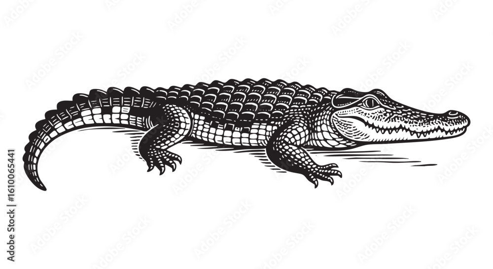 Naklejka premium Crocodile sketch engraving black and white outline. Scratch board imitation. illustrated in vintage line art style on a white background.