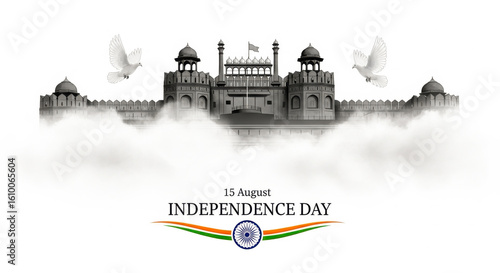 Celebrate india independence day with red fort doves and indian flag for patriotic greetings and wishes