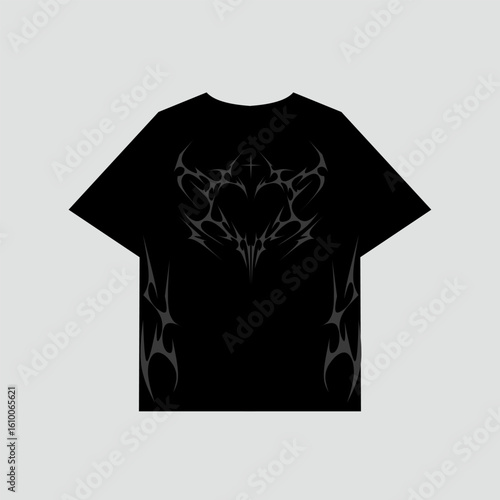 Neo tribal t-shirt design featuring sharp symmetrical patterns on chest and sleeves. Perfect for streetwear and dark aesthetic