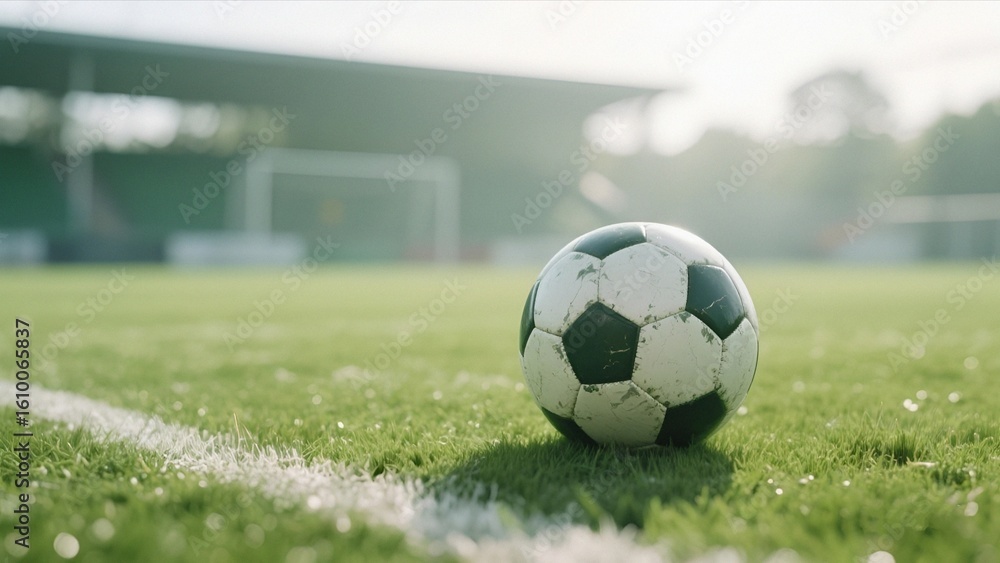 Obraz premium Worn soccer ball on green field