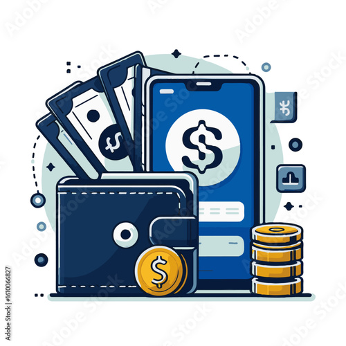 Flat Design Digital Wallet with Money