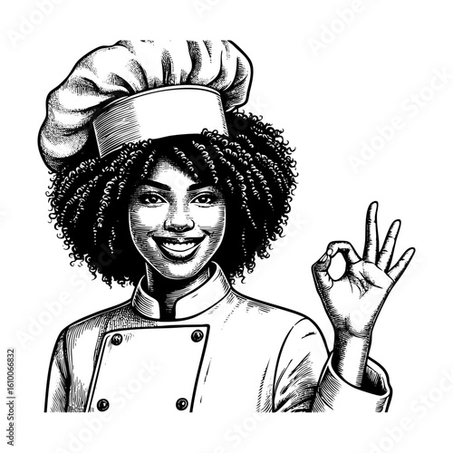 African woman Chef delicious gesture sketch engraving black and white outline. Scratch board imitation.