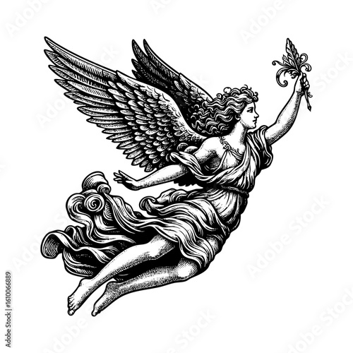 flying angel engraving black and white outline. Scratch board imitation.