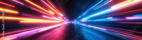Abstract background of a vibrant colorful neon light tunnel creating a sense of motion