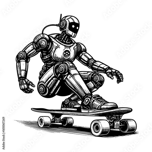 Robot skateboarding engraving black and white outline. Scratch board imitation.  illustrated in vintage line art style on a white background.